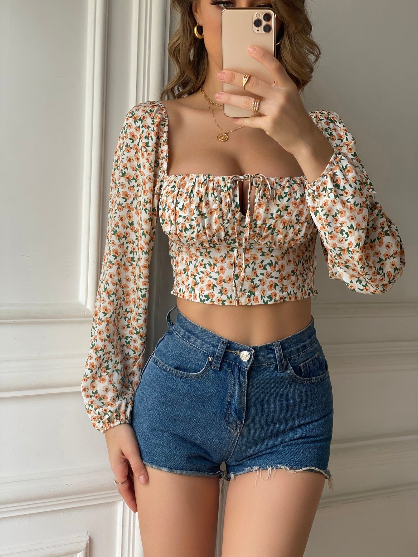 Women Small Floral Square Collar Blouse