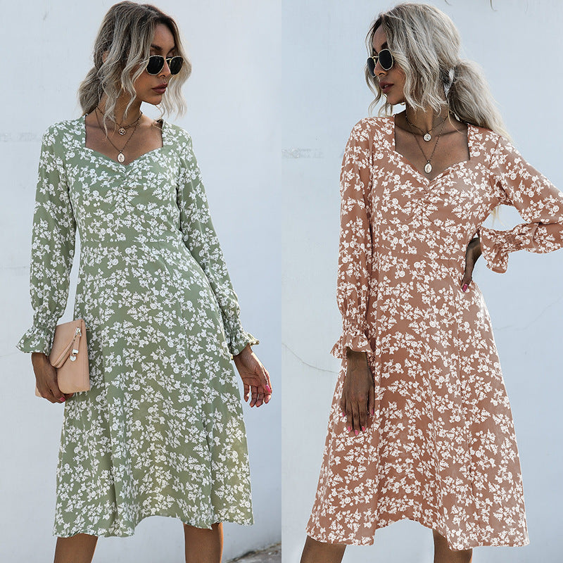 Long Sleeve Floral V-neck Pleated Short Dress