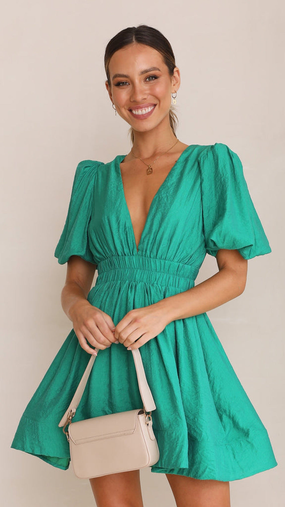 Female V-neck Lantern Sleeve Waist Trimming Short-sleeved Dress