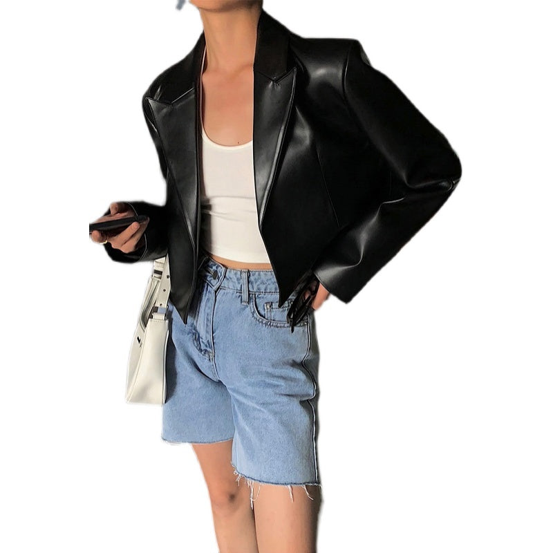 Women's New Black Short High Waist Small Leather Jacket