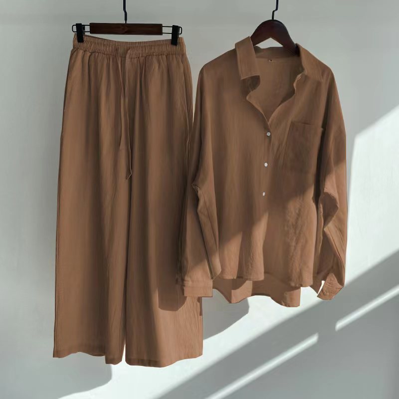 Women's 2-piece Retro Plus Size Shirt Outfit High Waist Loose Trousers