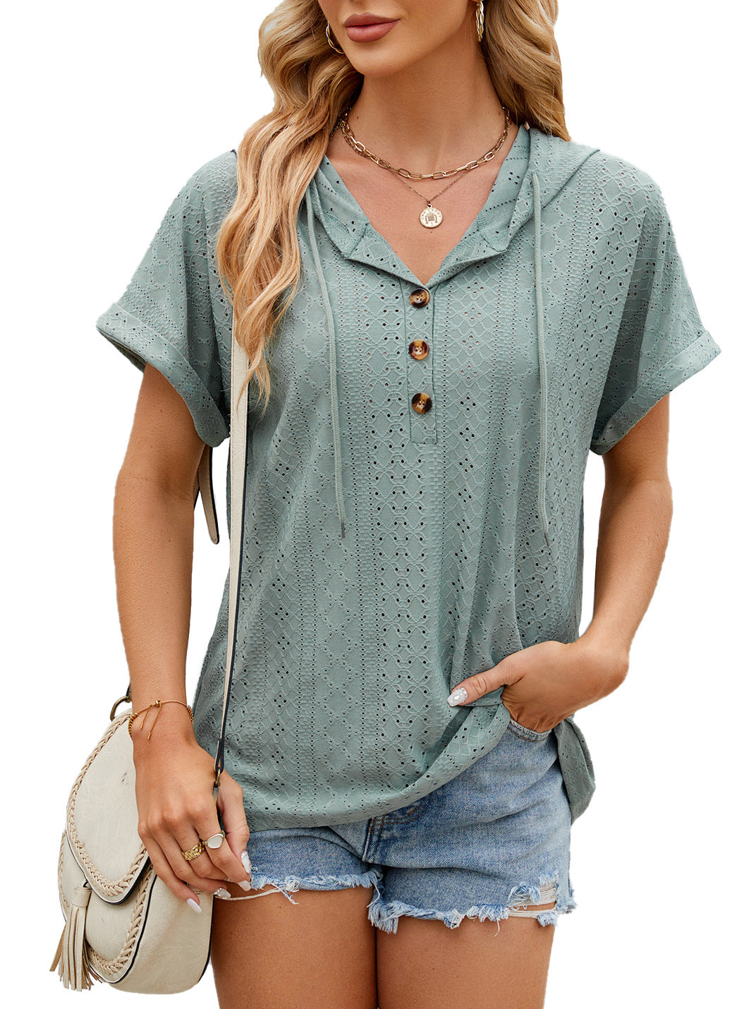 New Solid Color Hooded Button T-shirt Loose Hollow Design Short-sleeved Top For Womens Clothing