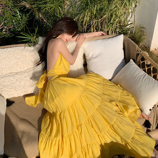 Slim Yellow Seaside Holiday Dress