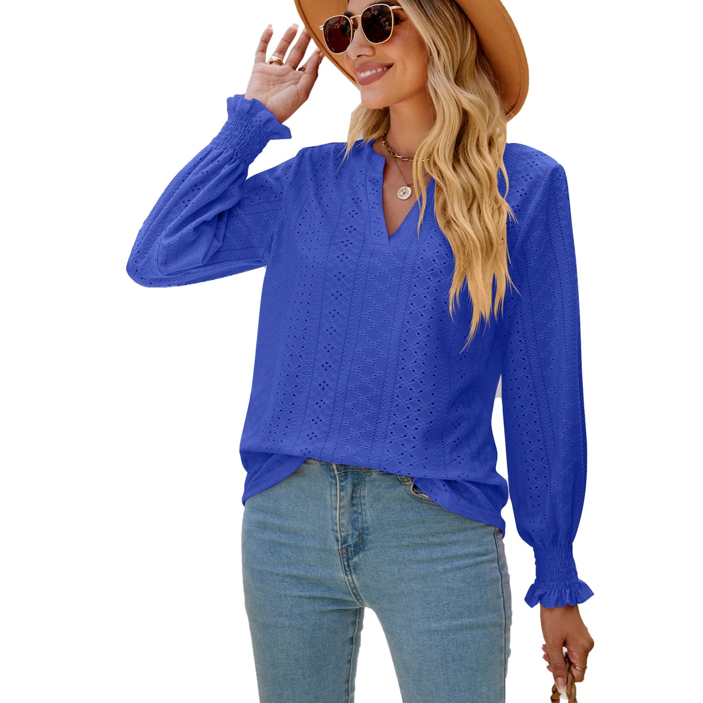 Solid Color Women's Pleated Ruffle V-neck Shirt