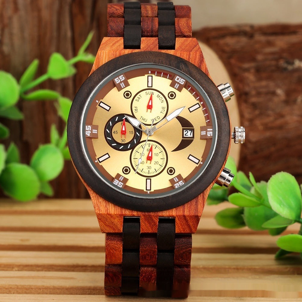 New Multi-functional Calendar Full Wood Band Quartz Watch