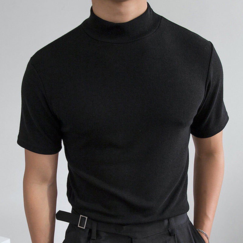 Summer Solid Color Short Sleeve Fashion Bottoming Shirt Men's Tight Turtleneck T-shirt