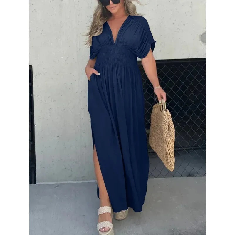 Fashion Bat-sleeved V-neck Slit Dress with Waist