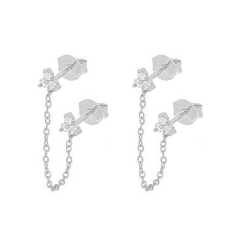 Zircon Flower One-piece Double Stud Earrings Chain Tassel