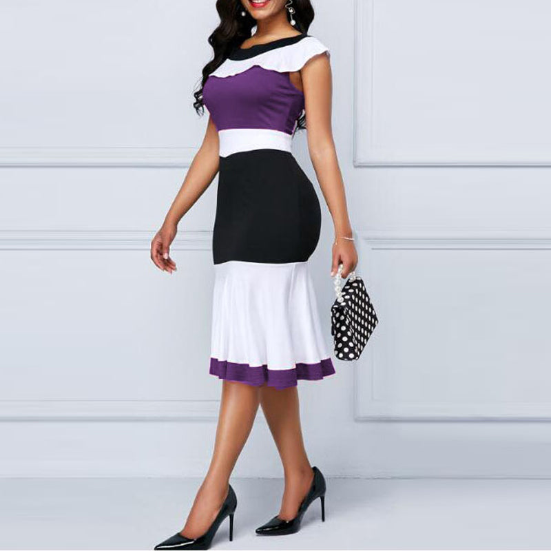 Sleeveless Ruffled Contrast Color Slim Commuter Dress