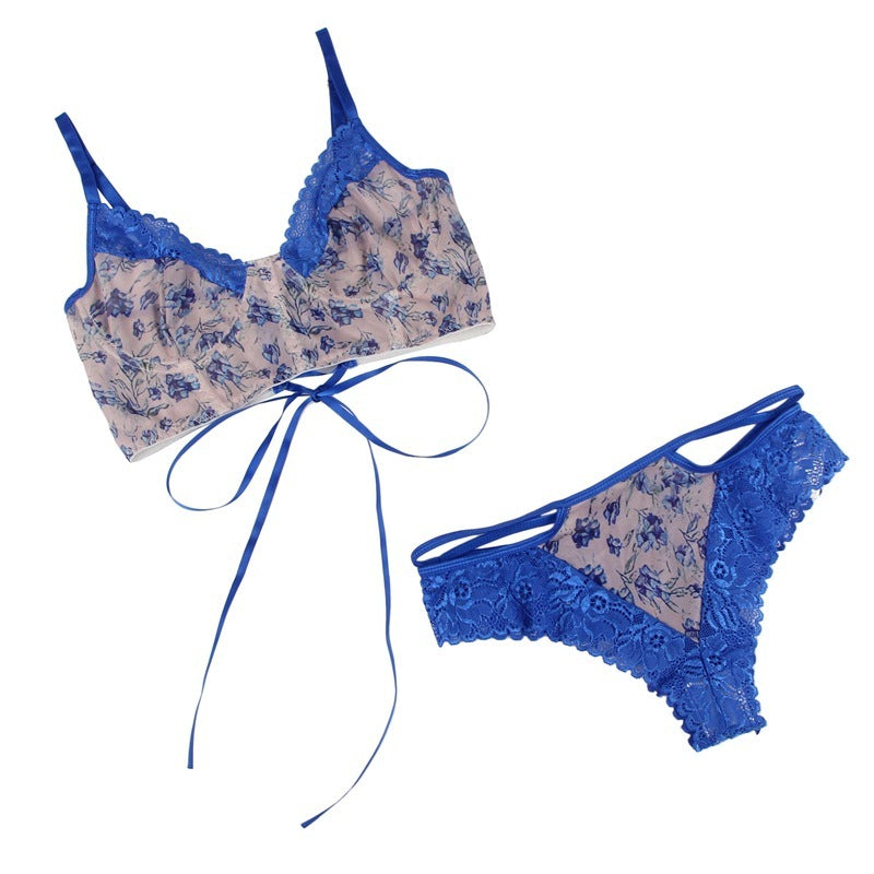 Women's Hollow Lace Blue Floral Sexy Bra Set