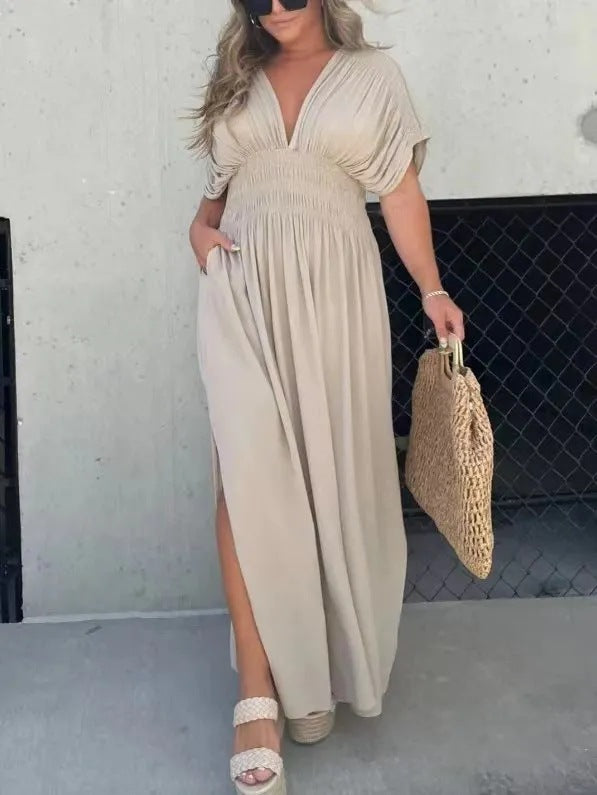 Fashion Bat-sleeved V-neck Slit Dress with Waist