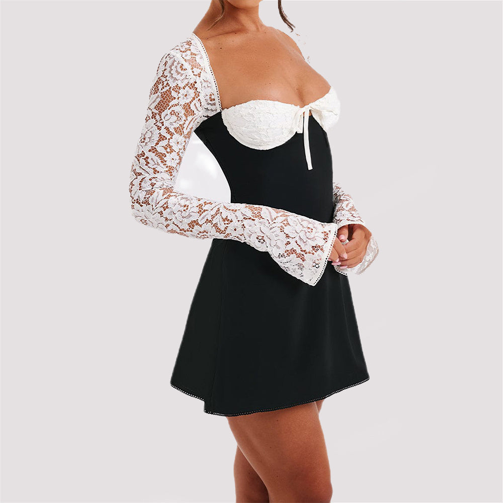 Fashion Corset Lace Long Sleeve Dress with Backless Lace Up