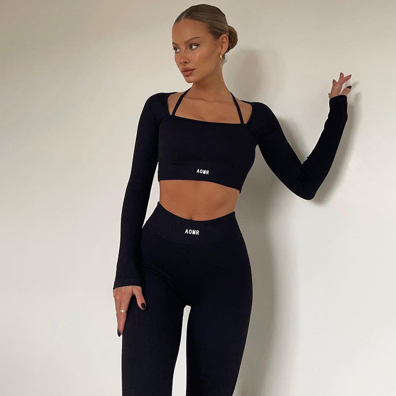 Solid Color Knitted Letter Body-hugging Suit Round Neck Long Sleeve Short Top High Waist Skinny Leggings Two-piece Set