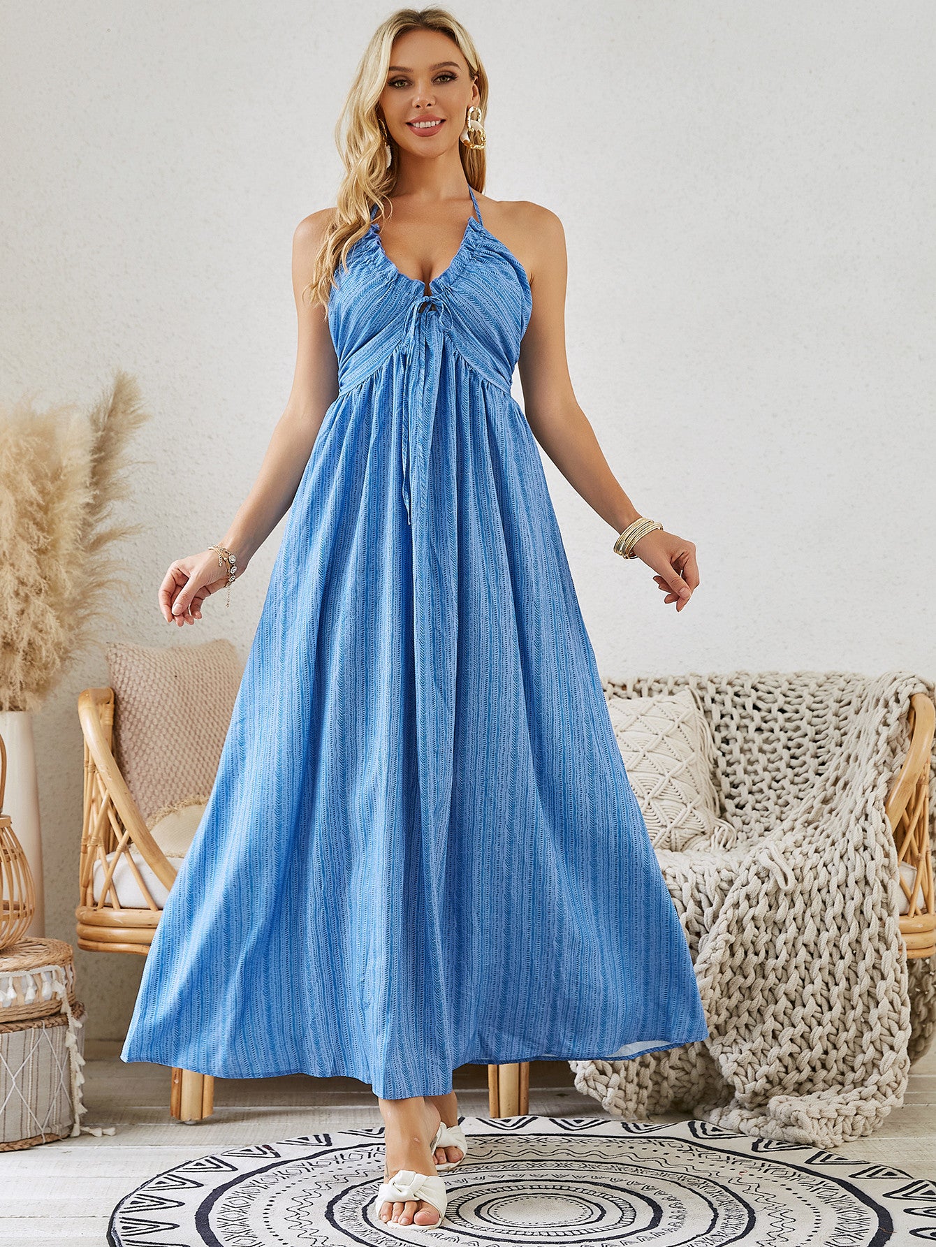 Bohemian Halter Maxi Dress - Women's Summer Sleeveless Flowy Beach Dress