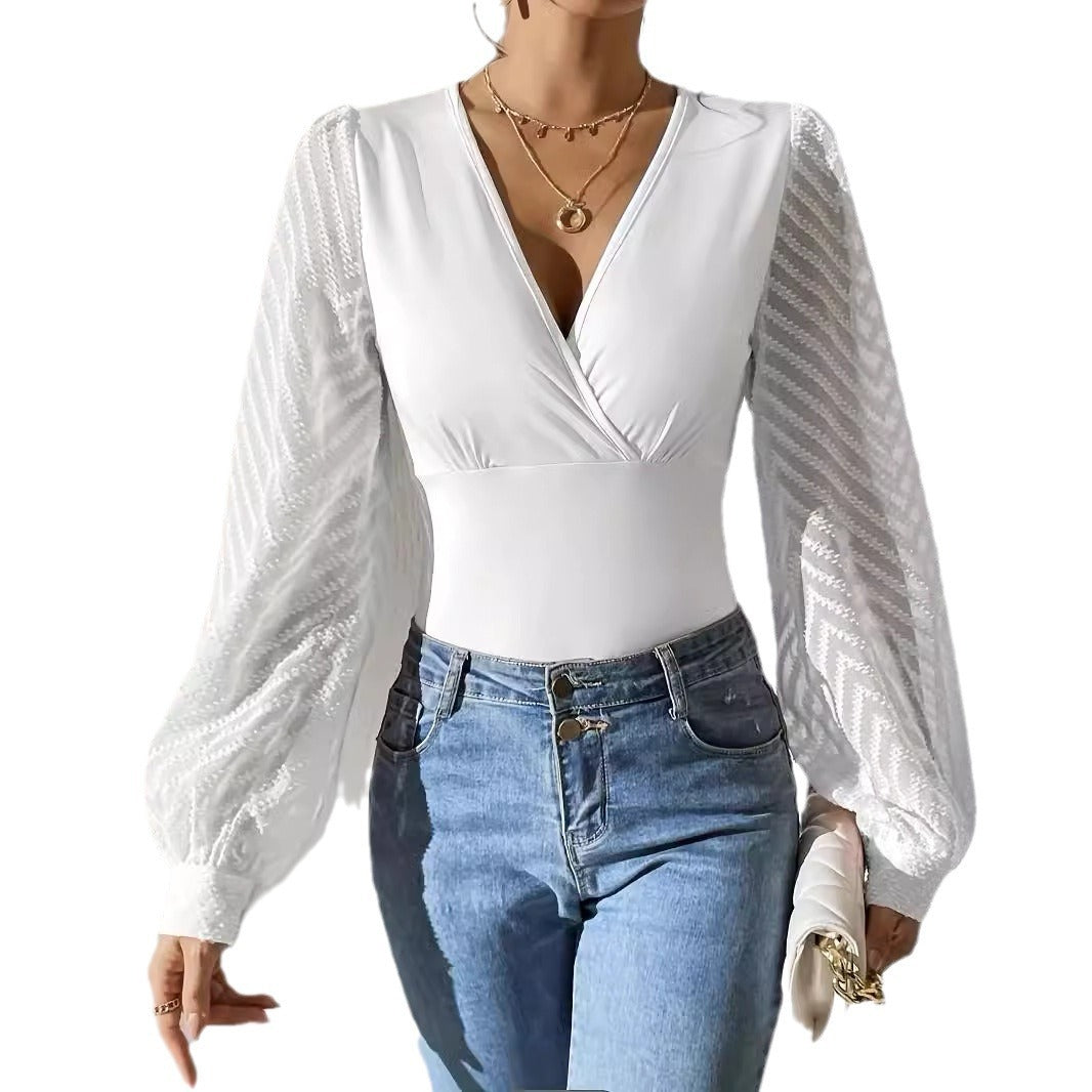 Women's Chiffon Stitching Solid Color Knitted Deep V Long Sleeve Top