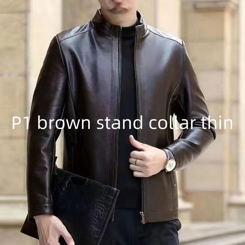 Men's Leather Jacket with Stand Collar and Fleece-lined