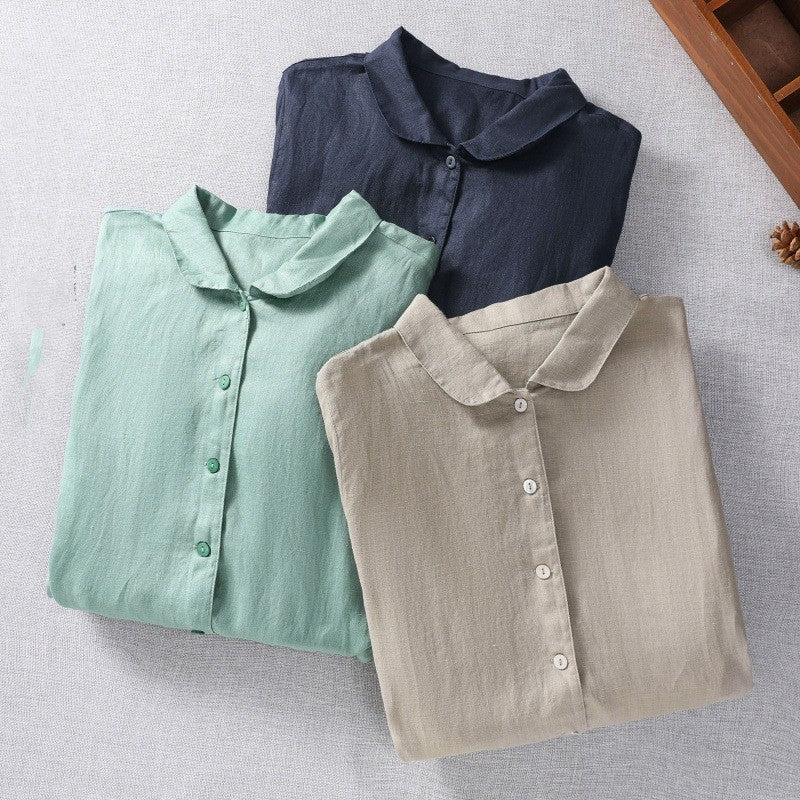 Pure Linen Short-sleeved Dress Belt Cotton Shirt for Women