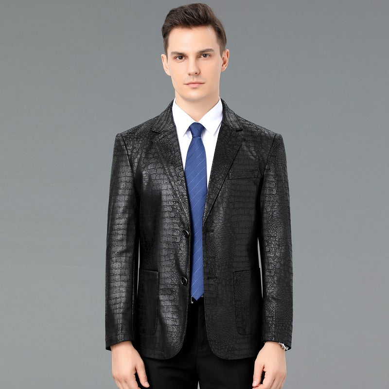 Men's Leather Coat Suit Collar Single-breasted Crocodile Pattern