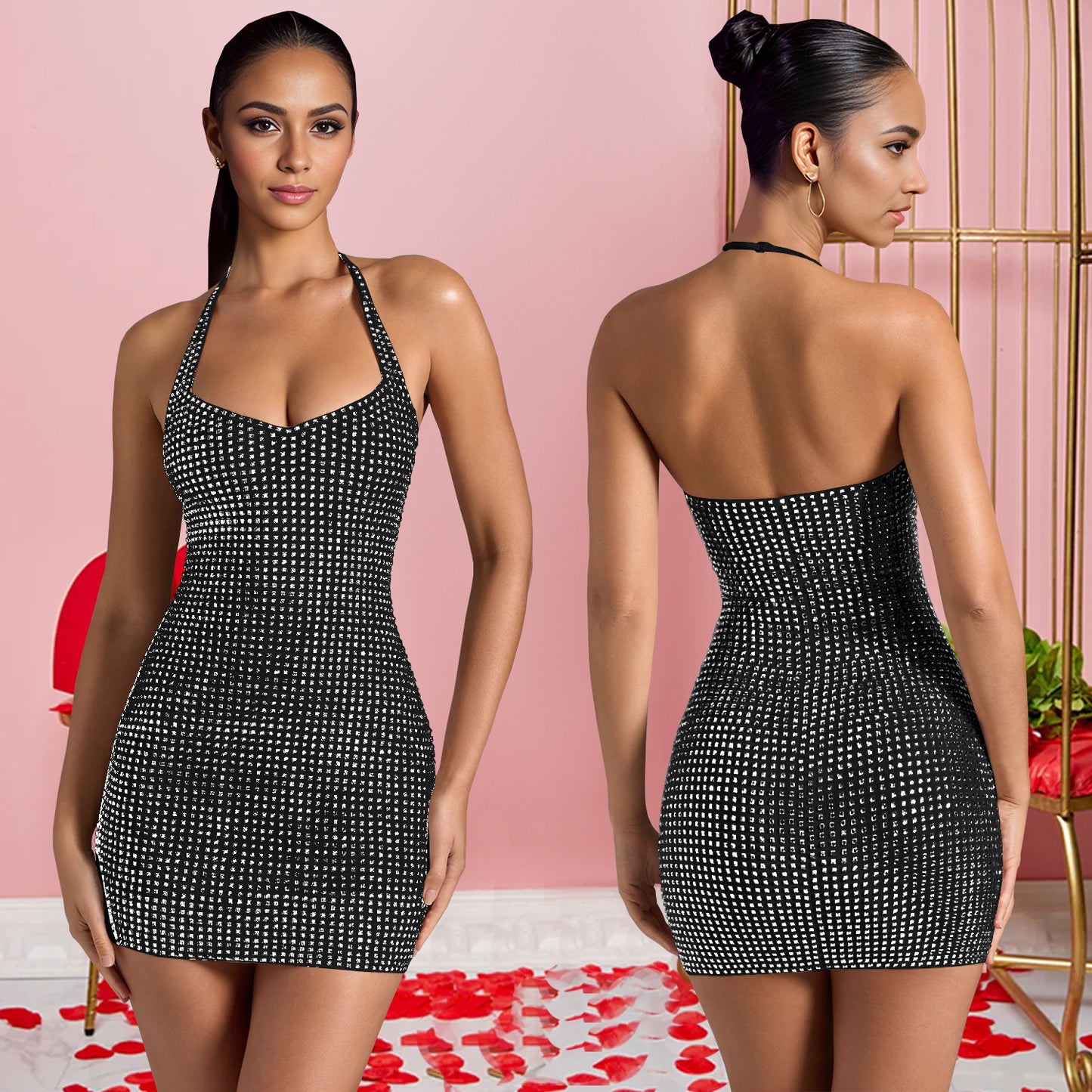 Fashion Sexy Halter Rhinestone Slim-fit Sheath Dress