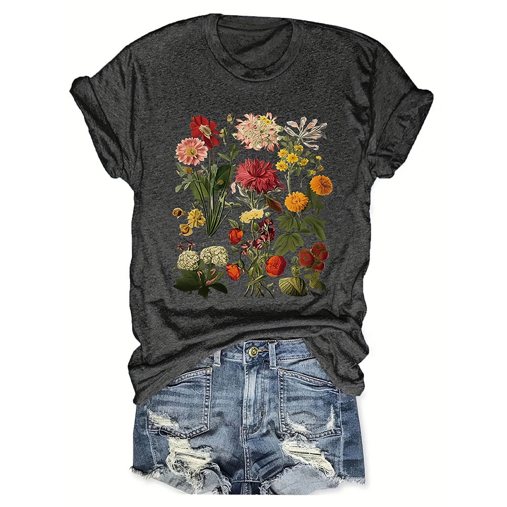Flower Plant Print Casual Loose Round Neck Short Sleeve