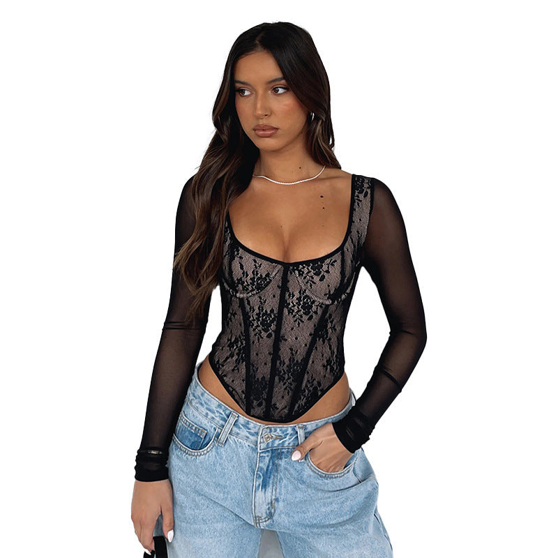 Lace Stitching Girdle Printed Long-sleeved Top