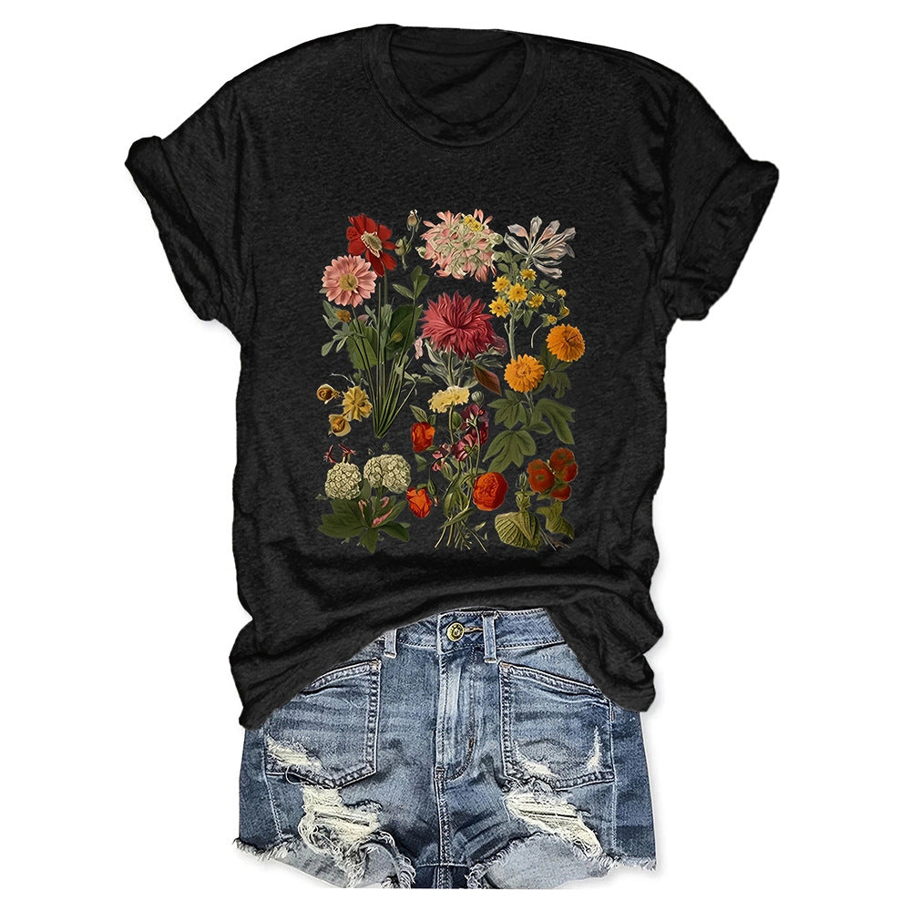 Flower Plant Print Casual Loose Round Neck Short Sleeve