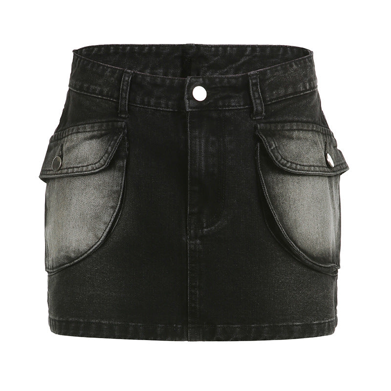 American Street Style Asymmetric Pocket Design Low Waist Denim Skirt