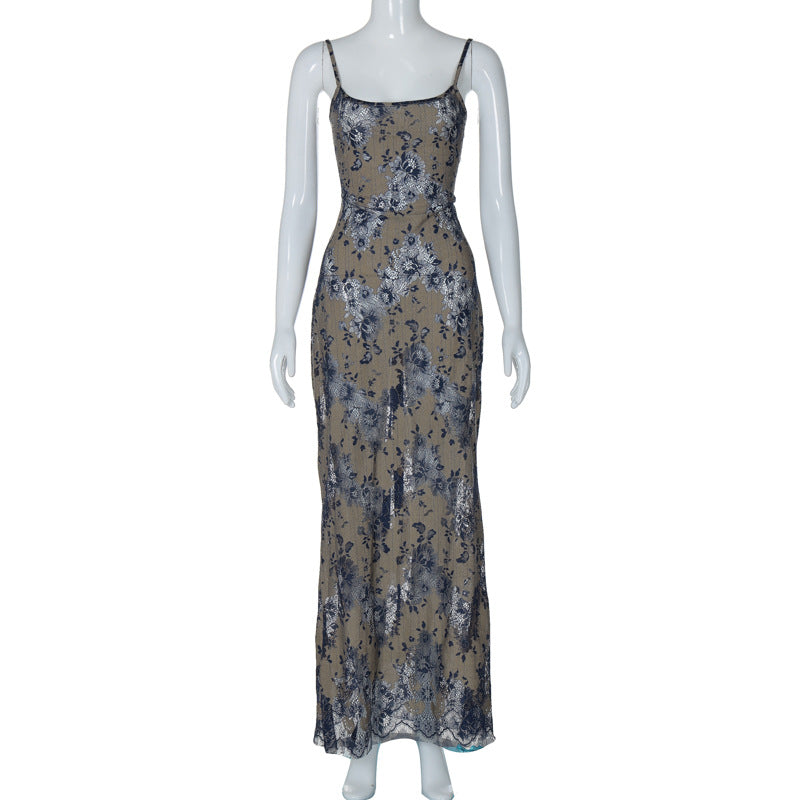 Fashion Dyed Printing Stitching Hollow Back Strap Elegant Style Long Dress Women
