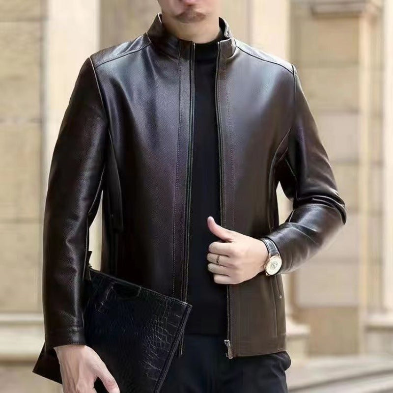 Men's Leather Jacket with Stand Collar and Fleece-lined