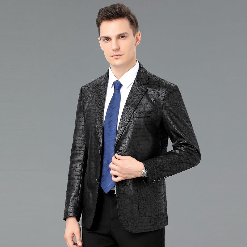 Men's Leather Coat Suit Collar Single-breasted Crocodile Pattern
