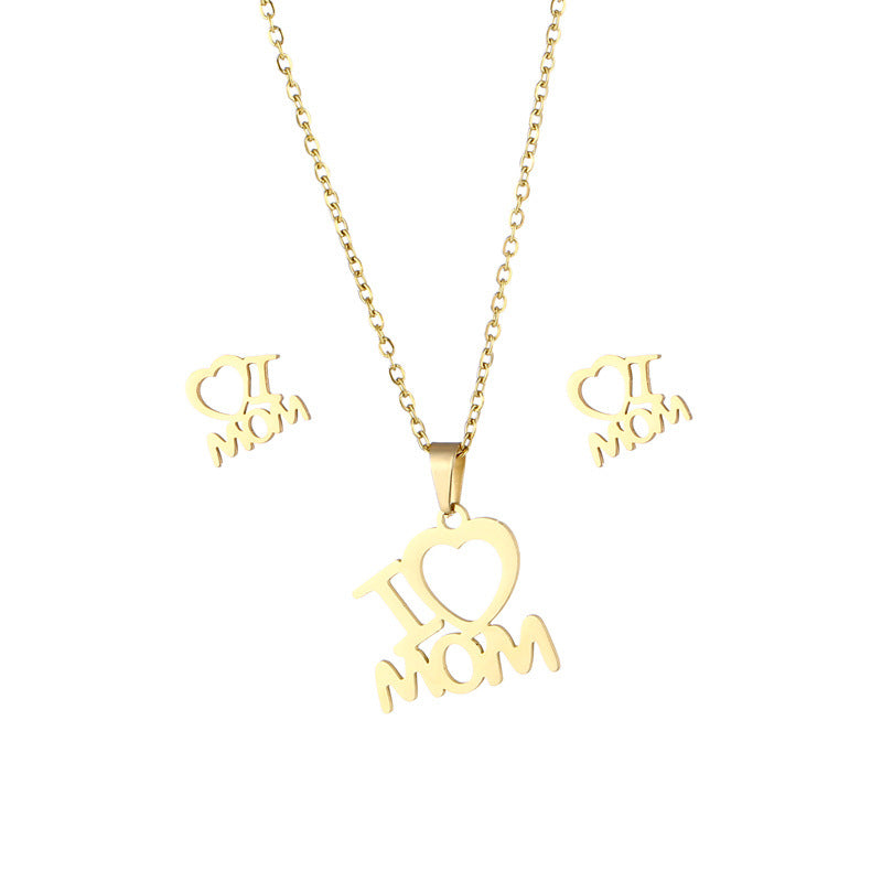 Mother's Day Jewelry Set Stainless Steel "I Love Mom" Love Heart Pendant Necklace Earrings