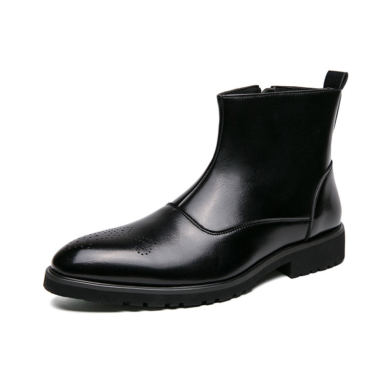 Young Men's Business Zipper Slip-on Solid Color Pointed Leather Boots