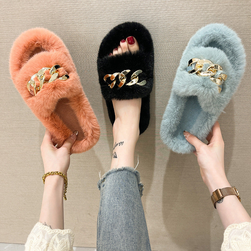 Chain Fuzzy Slippers Fluffy House Shoes For Women Winter