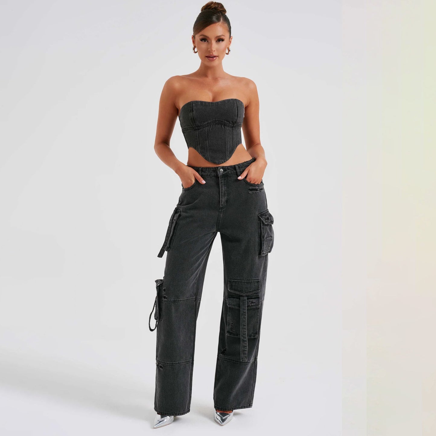 Women's Low Waist Three-dimensional Tube Top and Pocket Stitching Jeans