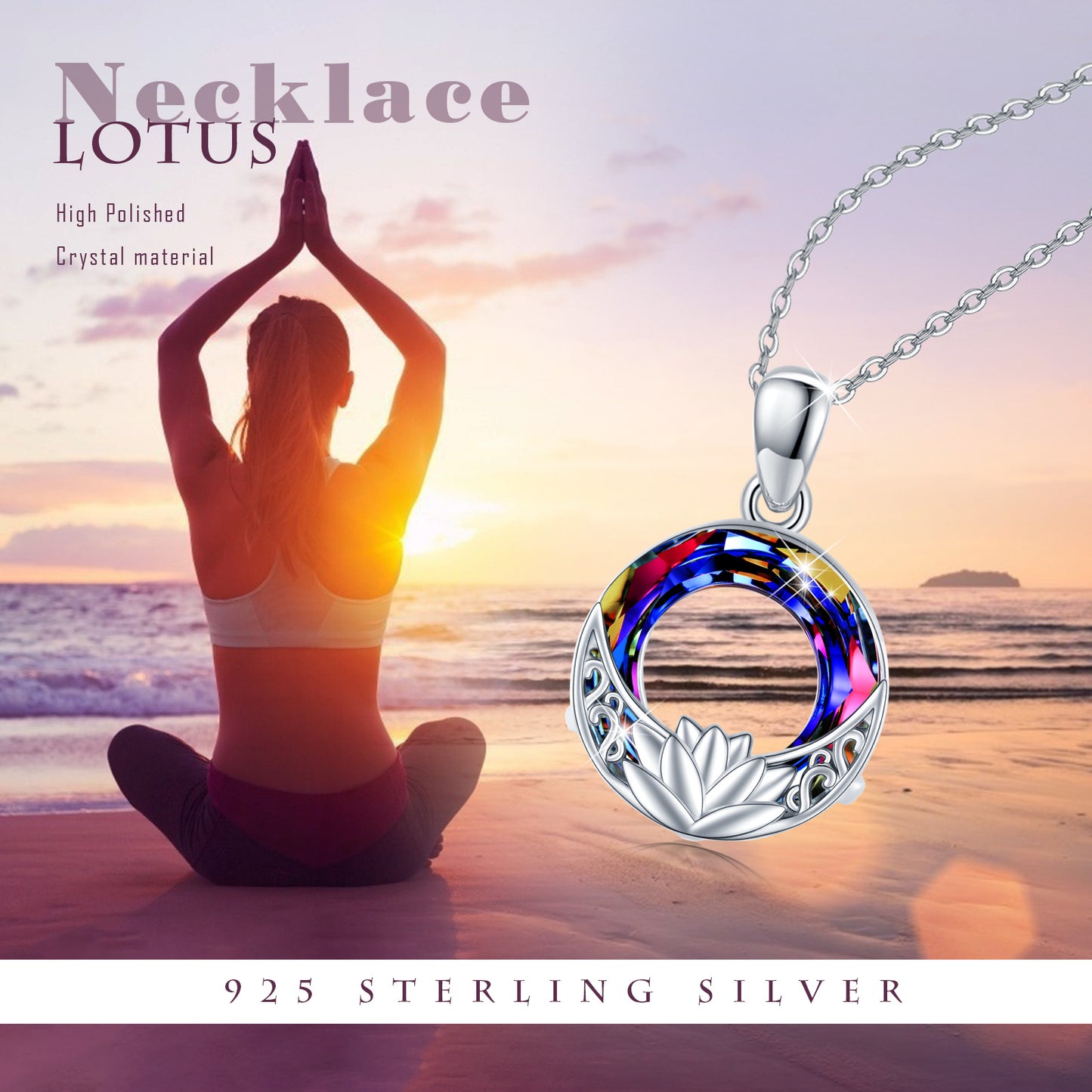 Crystal Necklace 925 Sterling Silver Necklace Lotus Amulet Protection Good Luck Necklace Jewellery Gifts for Ladies Women Girls