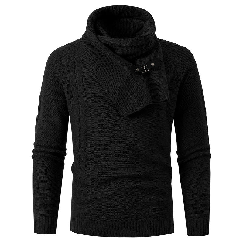 Men's Long-sleeved Scarf Detachable Slim Round Neck Pullover Knitted Sweater