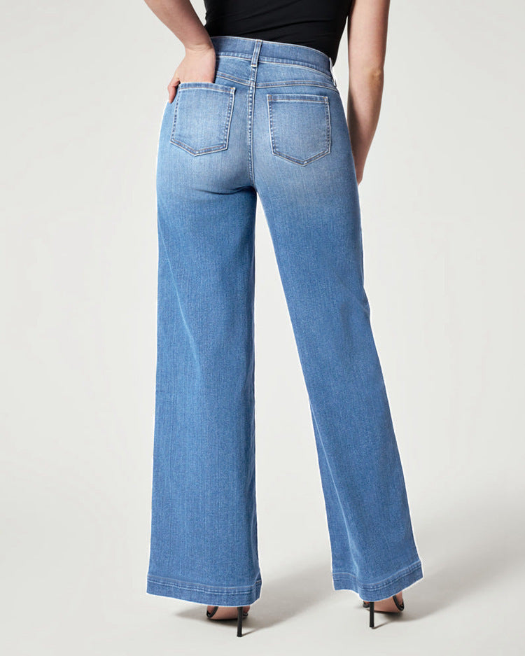Women's Straight Mid Waist Wide Leg High Elastic Waist Jeans