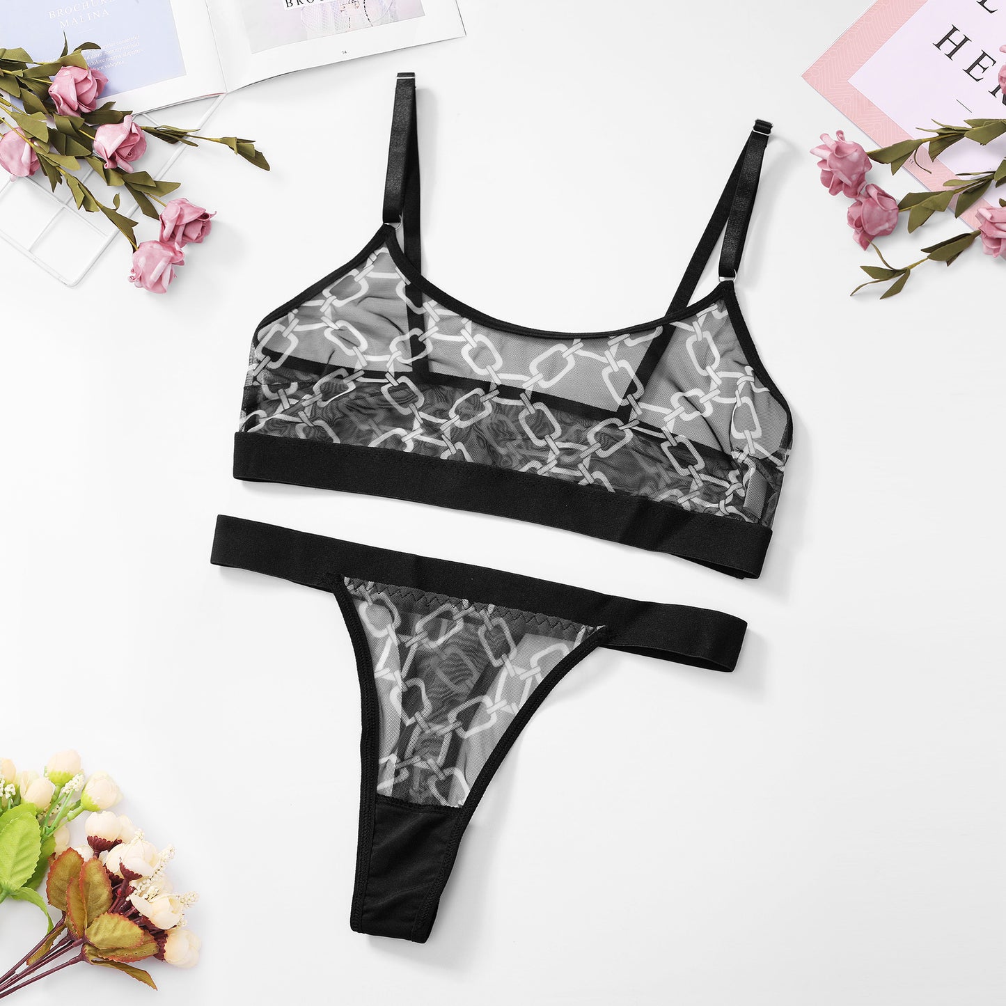 Women's Fashion Net Cloth Printing Underwear Bra Set