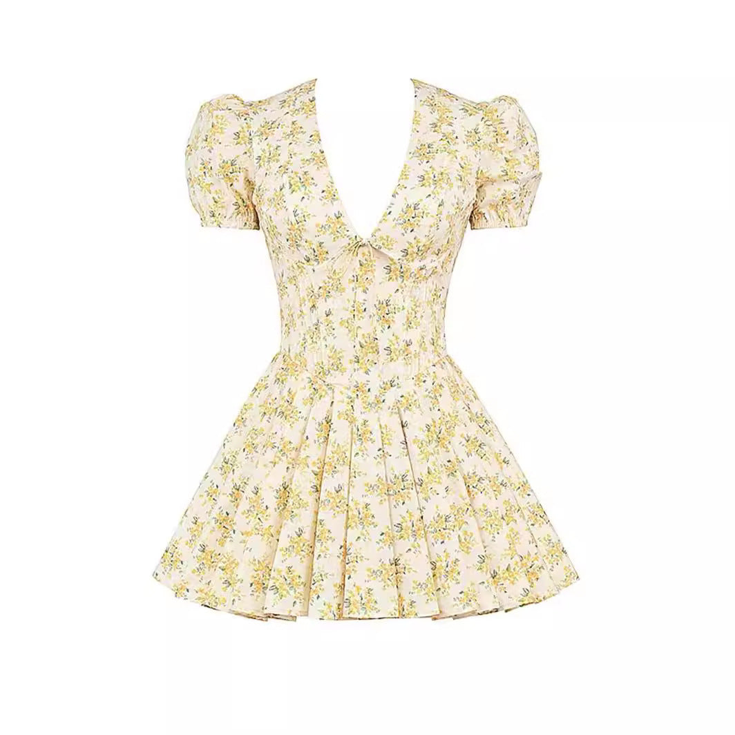 V-neck Puff Sleeve Yellow Flowers Print French Style Pleated Dress.