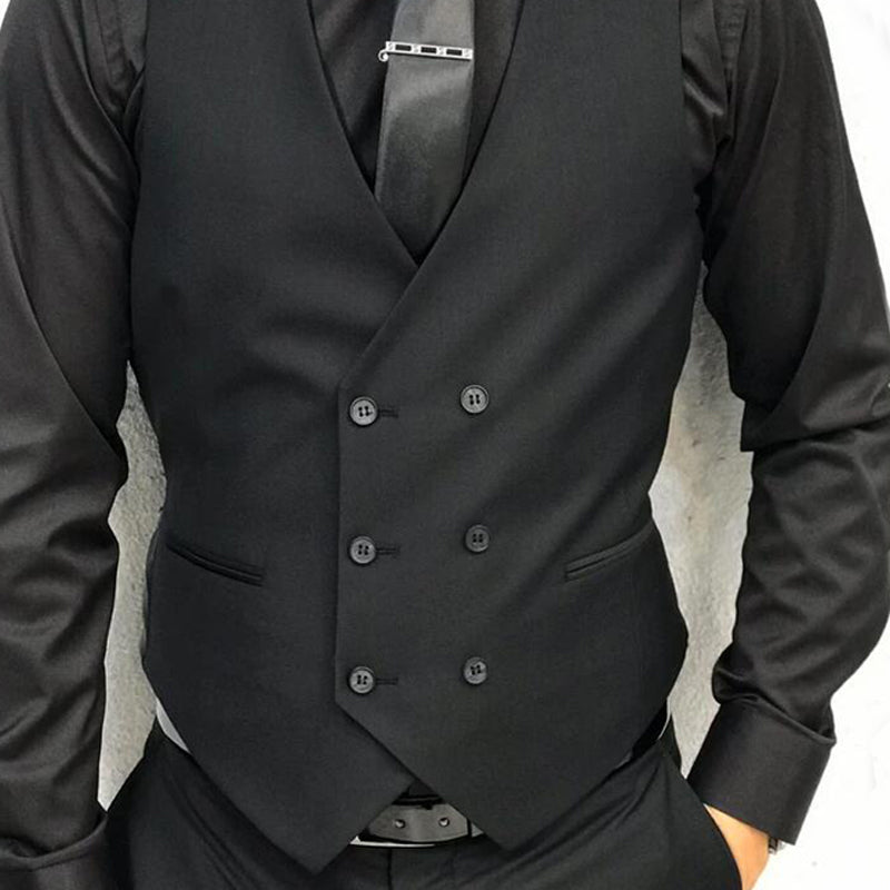 Black Formal Men Vest With Double Breasted V Neck One Piece