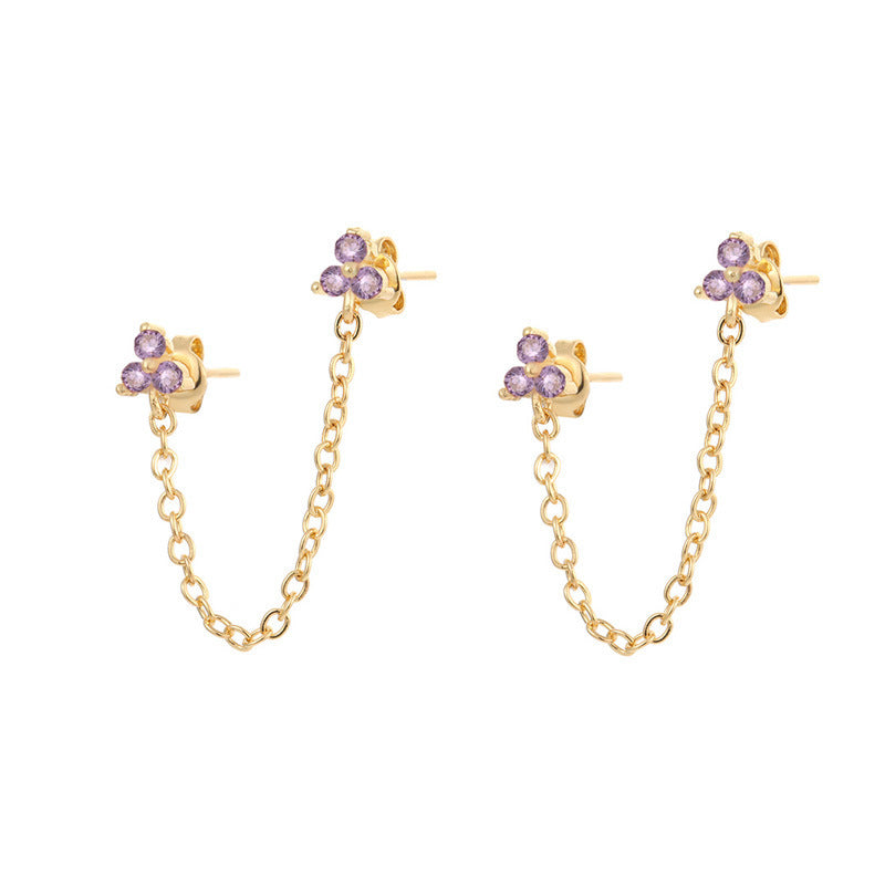 Zircon Flower One-piece Double Stud Earrings Chain Tassel