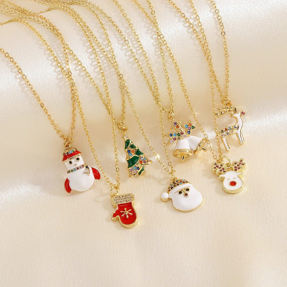 Christmas Tree Santa Claus Elk Snowman Oil-drop Necklace With Colored Rhinestones