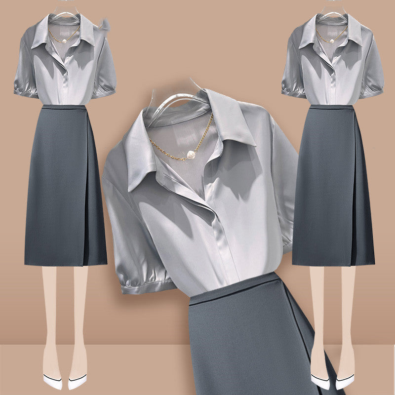 Thin Lapel Short Sleeve Satin Shirt and Skirt Set