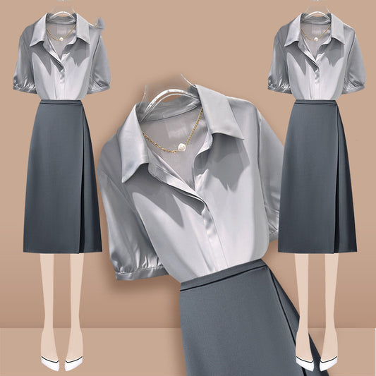 Thin Lapel Short Sleeve Satin Shirt and Skirt Set