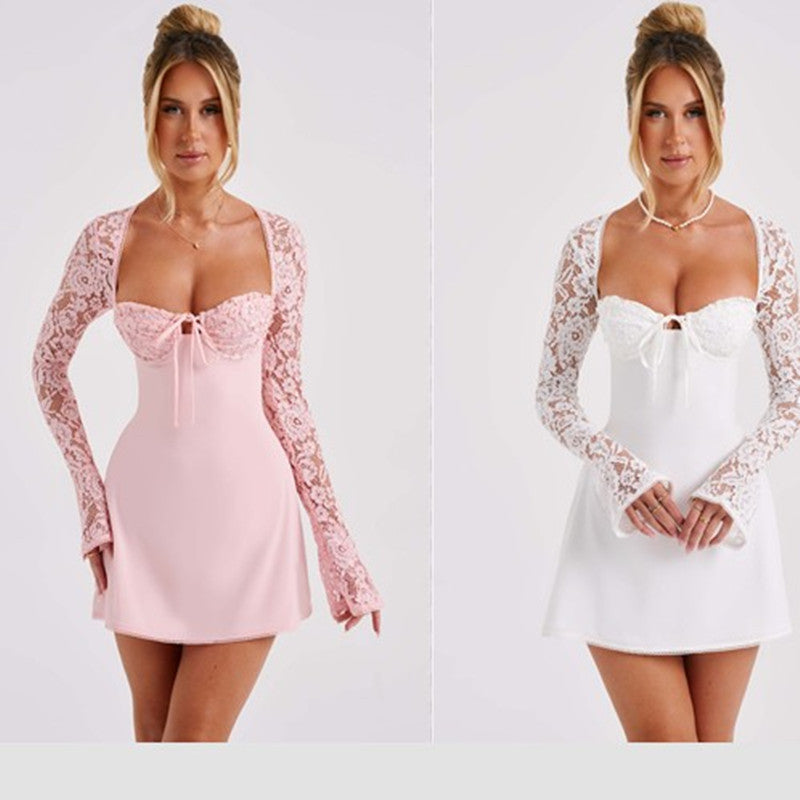 Fashion Corset Lace Long Sleeve Dress with Backless Lace Up