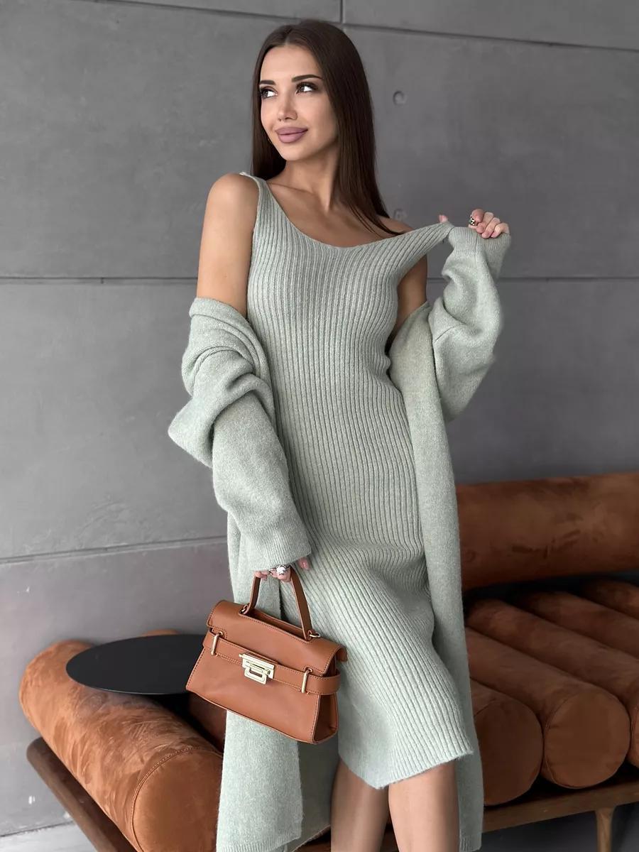 2pcs Knitted Suit Fashion Slim Sleeveless Long Cardigan Dress