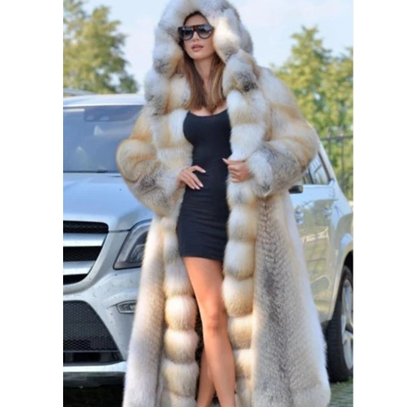 Women's Mid-length Coat with Hooded Faux Fur