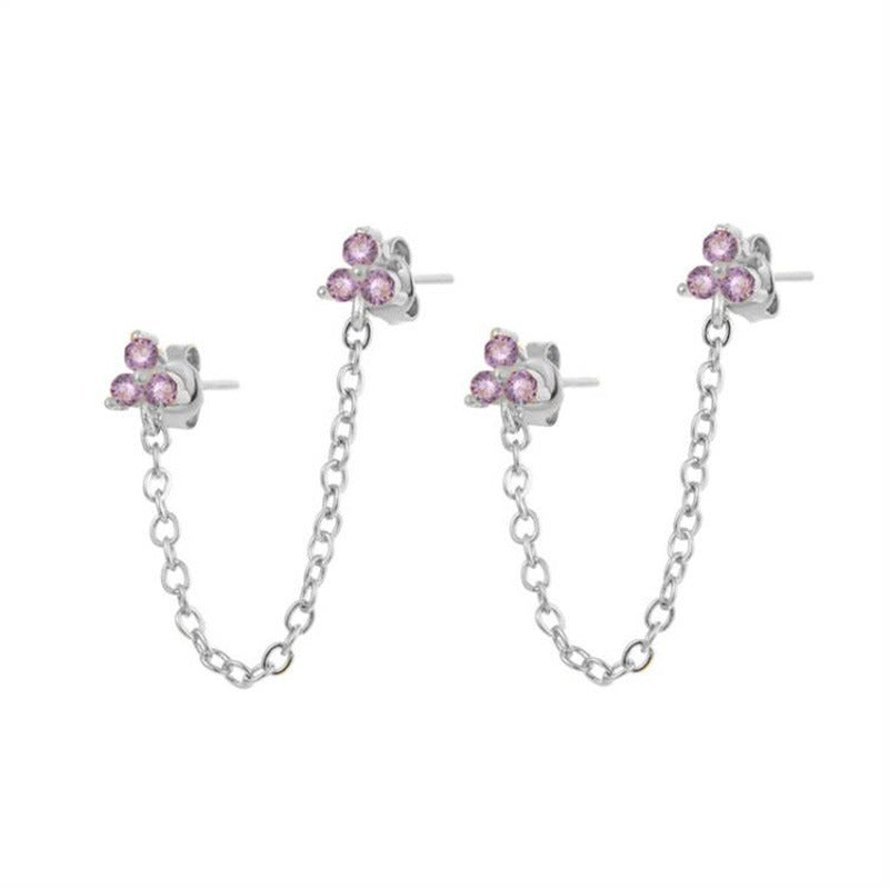 Zircon Flower One-piece Double Stud Earrings Chain Tassel