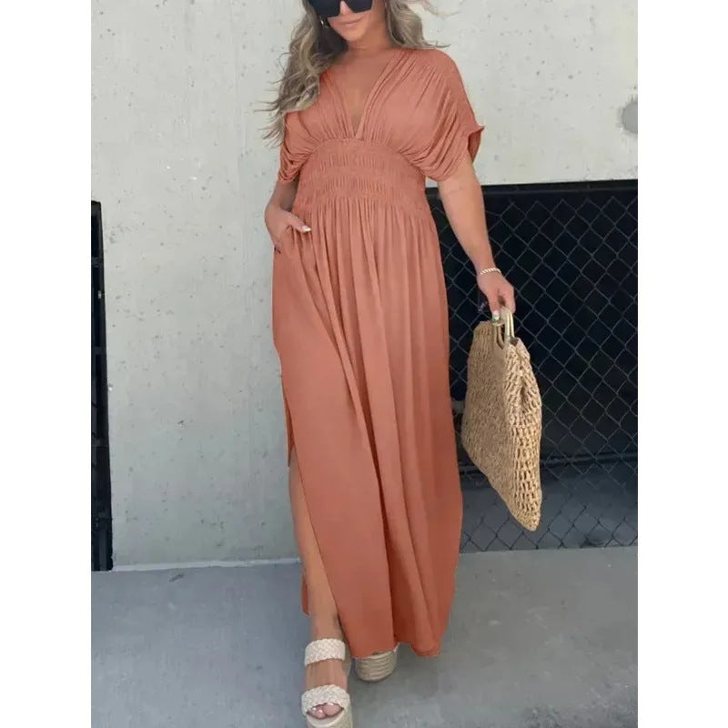 Fashion Bat-sleeved V-neck Slit Dress with Waist