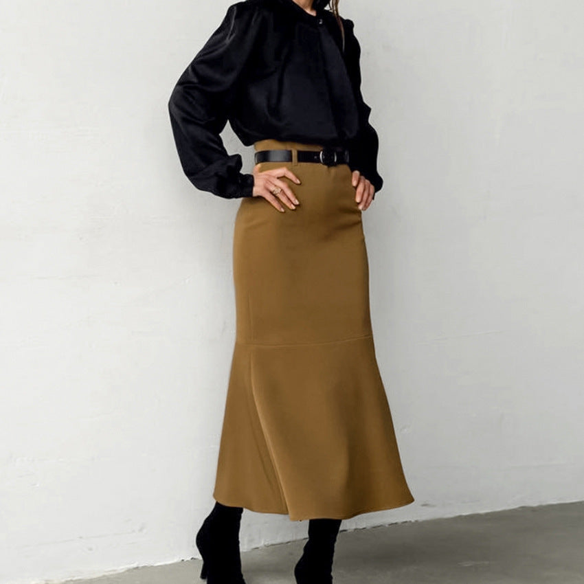 Retro Brown French Fishtail Skirt Autumn And Winter Temperament Drape